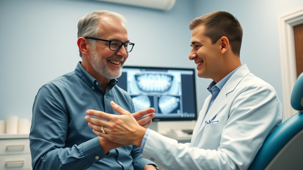 friendly adult orthodontist and patient viewing dental scans in Conway, SC, bright and professional clinic, photorealistic, 85mm lens, highly detailed