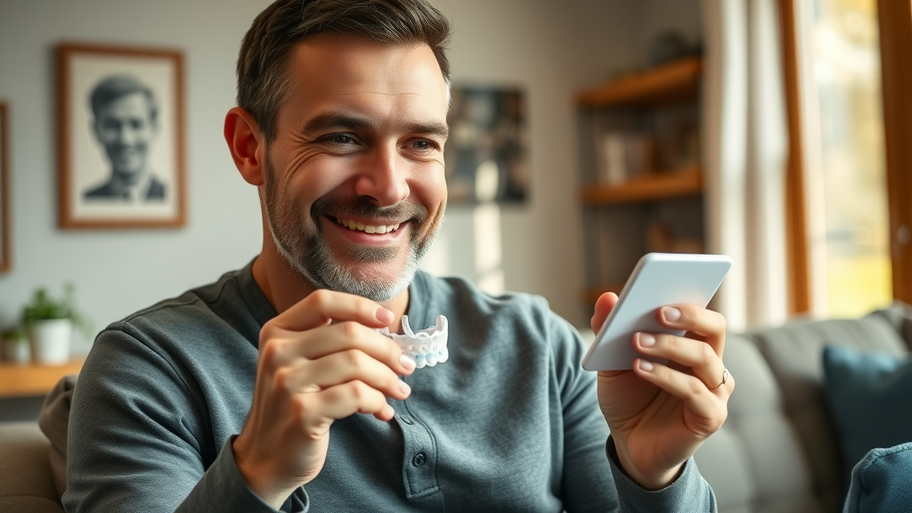 adult man at home examining Invisalign tray in Conway, SC, warm sunlight, hopeful, cozy home interior, photorealistic, 35mm lens, highly detailed