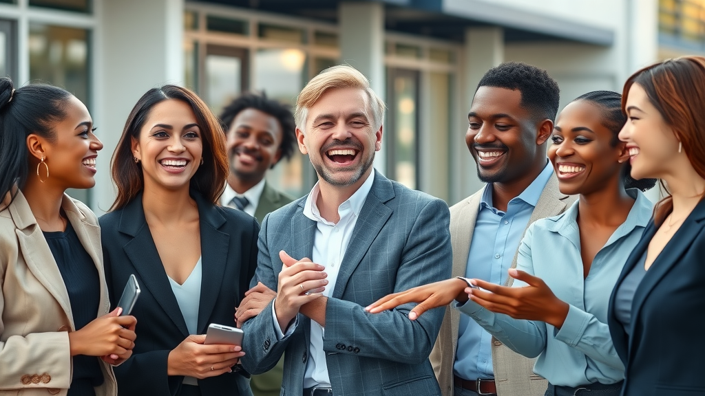 group of diverse adults wearing subtle clear aligners, professionally dressed, Conway, SC outdoors, photorealistic, 24-70mm lens, business background