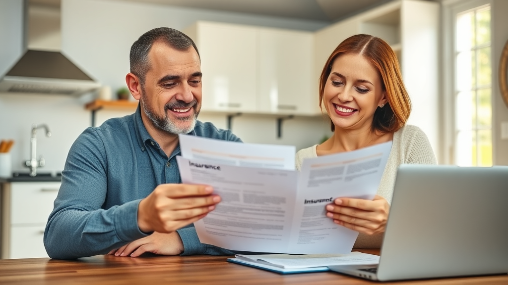 friendly adult couple reviewing dental insurance papers, kitchen table, Conway, SC, sunlight, laptop and documents, photorealistic, 50mm lens