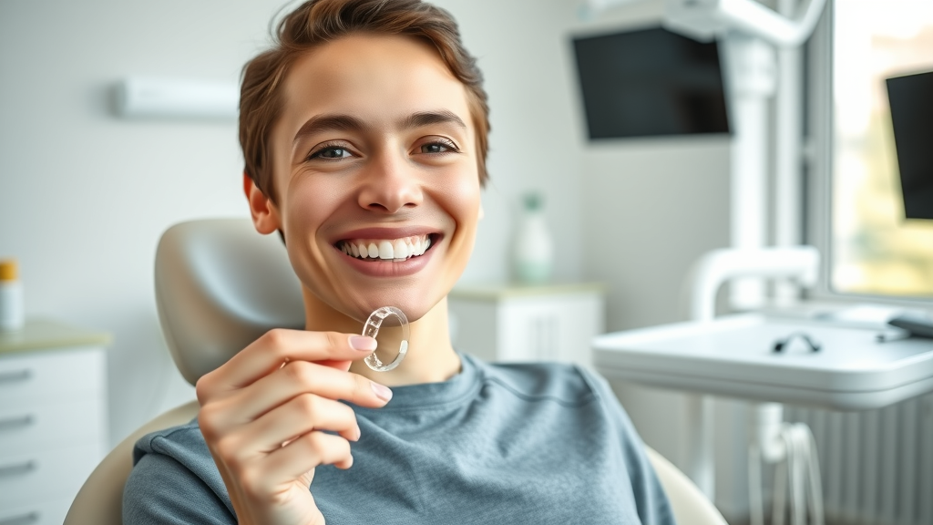 cheerful young adult patient with Invisalign aligner at a modern North Myrtle Beach dental clinic. Invisalign time progress shown in confident smile and modern equipment.