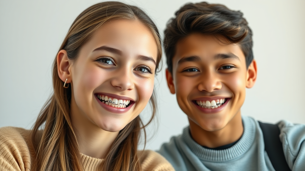 teenager with Invisalign aligners next to friend with traditional braces in North Myrtle Beach. Comparing clear aligners and traditional braces result time.