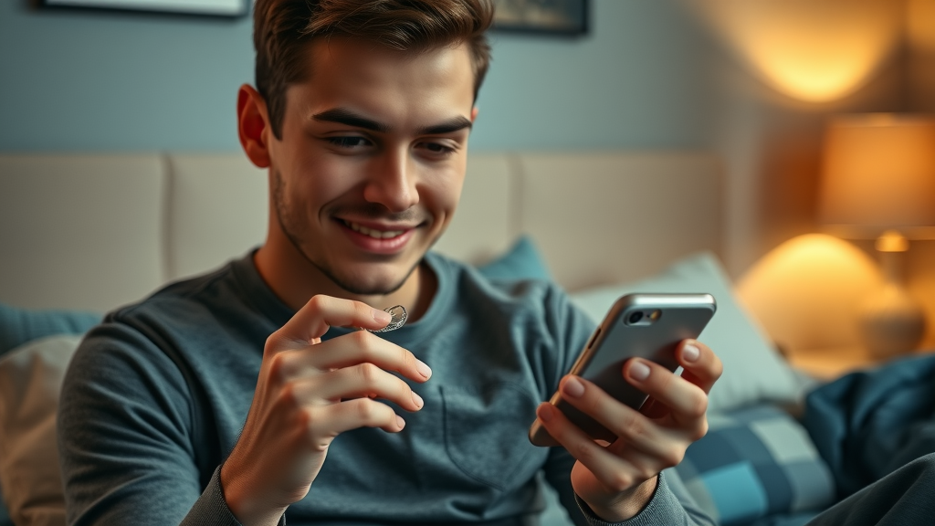 young North Myrtle Beach Invisalign user setting daily wear timer to stay on Invisalign treatment plan timeline.