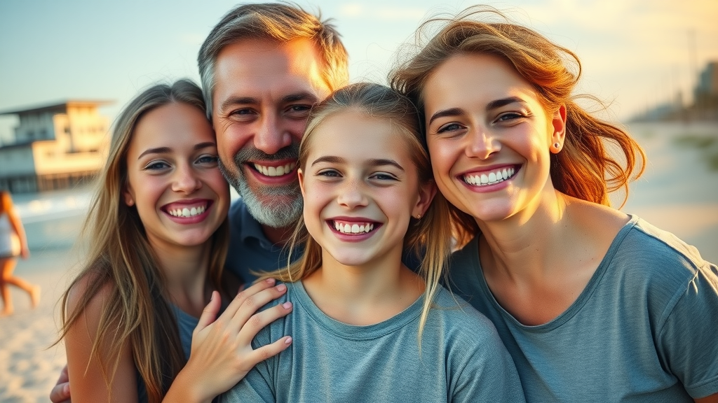 happy North Myrtle Beach family with aligned smiles after Invisalign treatment. Confidence and straighter smile on the beach boardwalk.