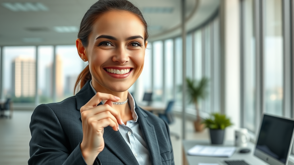 Professional businessperson in a modern office confidently wearing clear aligners, Myrtle Beach skyline in the background, clear aligners for professionals in north myrtle beach