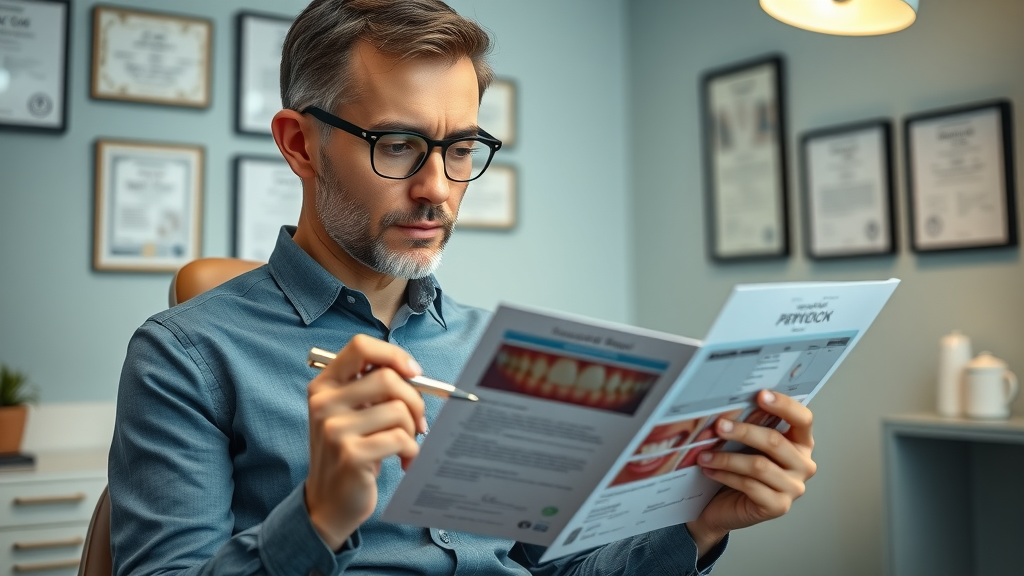 Mid-career professional reviewing orthodontic brochures, considering discreet orthodontic options in North Myrtle Beach