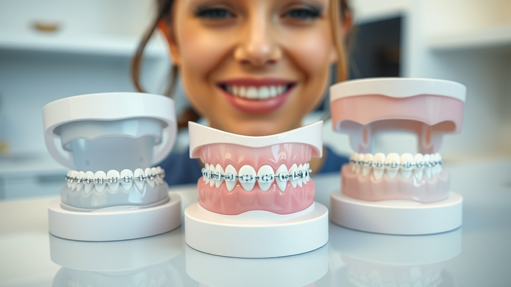 Clear aligners, ceramic braces, and lingual braces on dental models at a North Myrtle Beach clinic