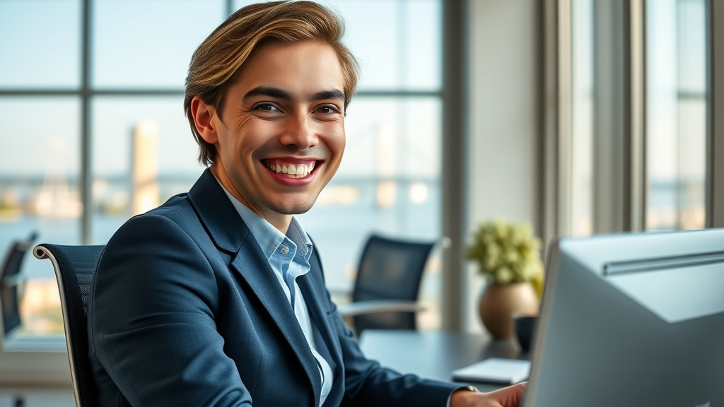 Confident professional smiling at a workplace after discreet orthodontic treatment with clear aligners in North Myrtle Beach