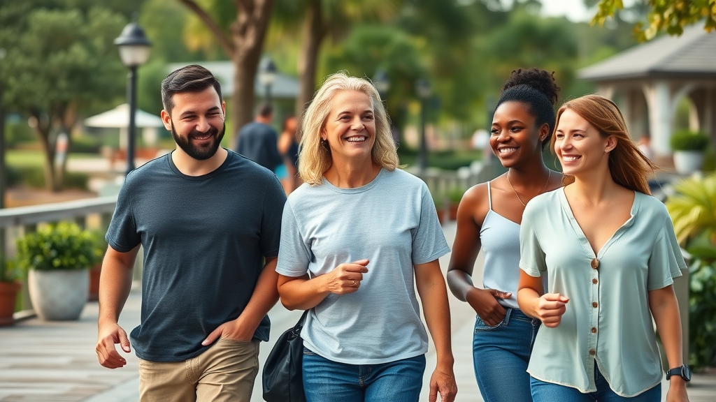 modern, diverse adults smiling with confidence in Murrells Inlet park, adult ortho trend, beautiful smiles, natural light, scenic boardwalk