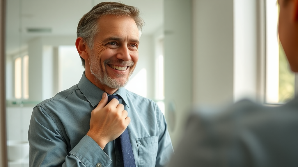 mature adult professional smiling in mirror, exploring orthodontic treatment, confidence in adult ortho, daylight