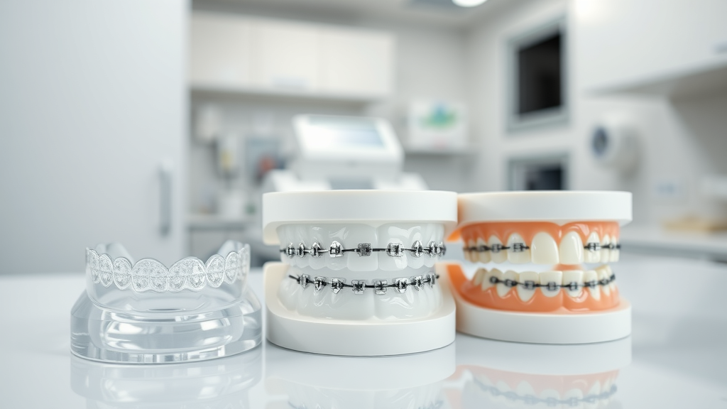 close-up of dental models comparing clear aligners, ceramic braces, metal braces for adult orthodontic treatment, clean dental office