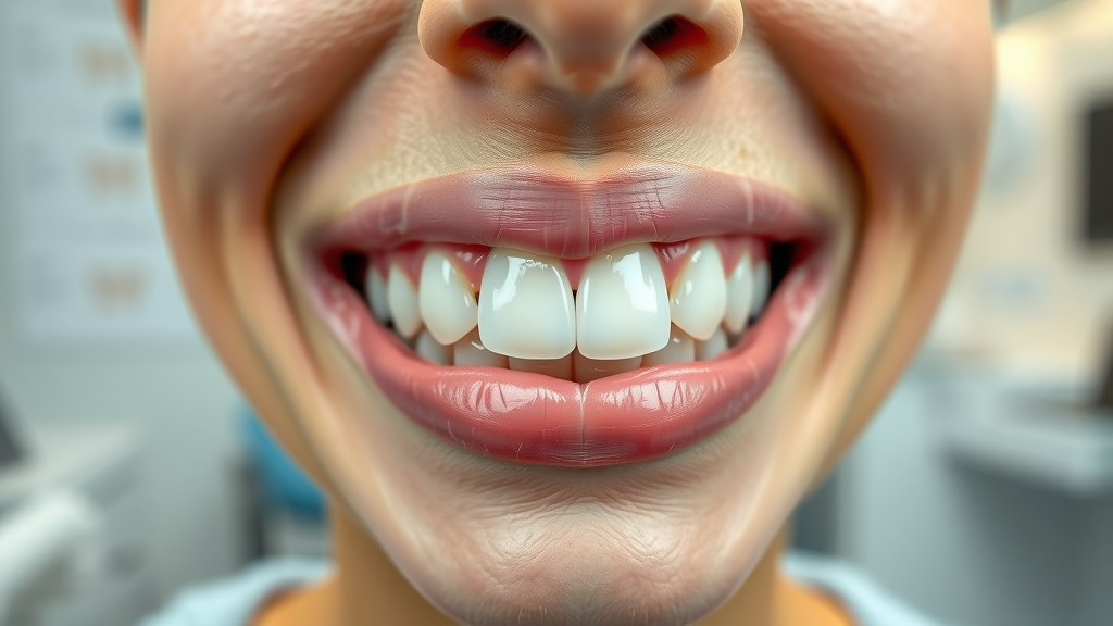 close-up on adult teeth showing oral health after orthodontic care, dental consultation room, beautiful smile, gum health