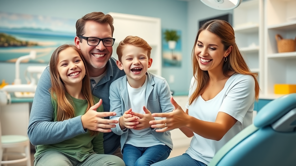 Bright, smiling family at a Myrtle Beach orthodontic clinic with a friendly orthodontist, modern dental office, and beach-themed decor