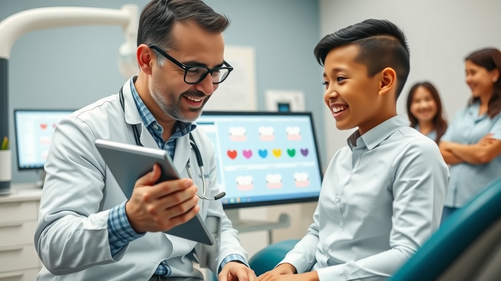 Orthodontist showing a patient the dental treatment timeline on a digital screen in a Myrtle Beach clinic