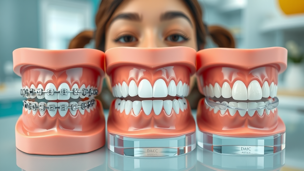 Close-up of traditional metal braces, Invisalign aligners, and clear retainers side by side on dental models with beach-themed accents