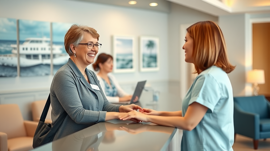 Patient checking in at a Myrtle Beach orthodontist front desk with ocean-inspired decor and a smiling receptionist