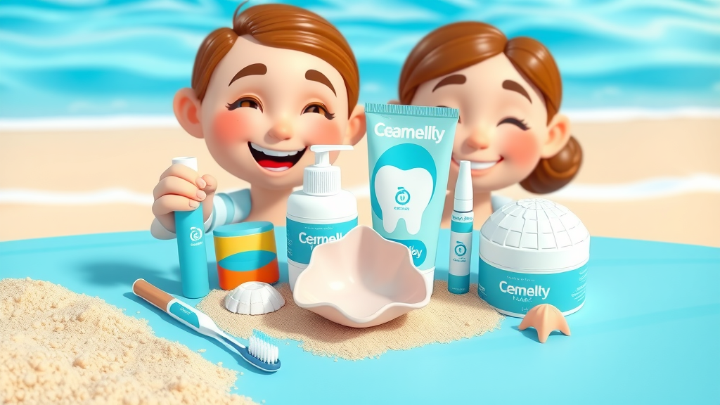 Dental hygiene toolkit with toothpaste, toothbrush, floss, and orthodontic wax beside a seashell, beach-themed colors