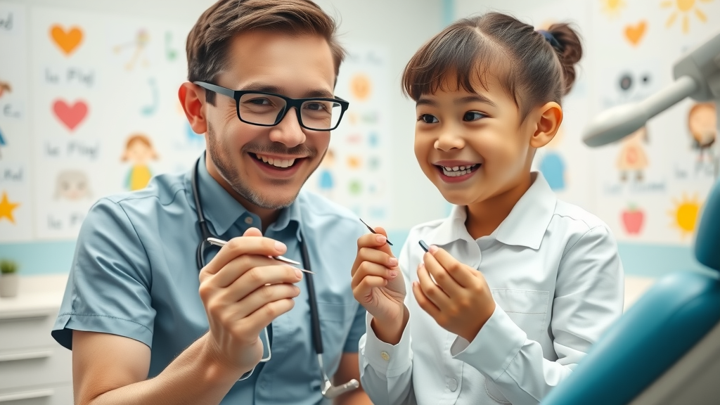 friendly pediatric dentist office welcoming orthodontist smiling child explaining orthodontic tools kids’ braces journey in Conway