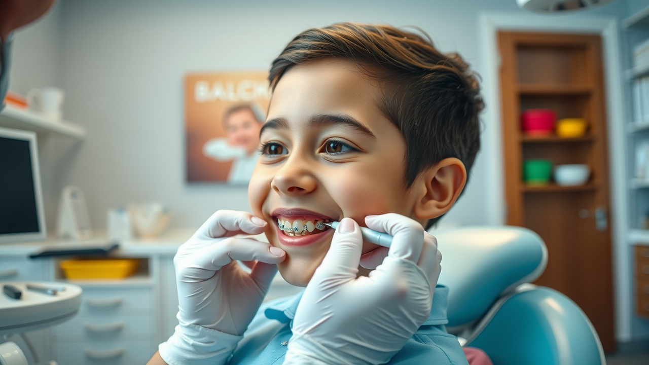 caring orthodontic assistant gently adjusting braces young child calm expression month 2-3 early braces journey in Conway