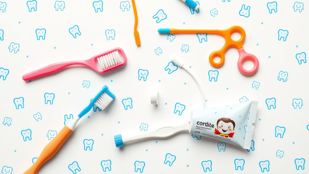 flat lay of kids’ orthodontic oral care products bright toothbrush floss orthodontic wax cheerful toothpaste oral hygiene braces journey Conway