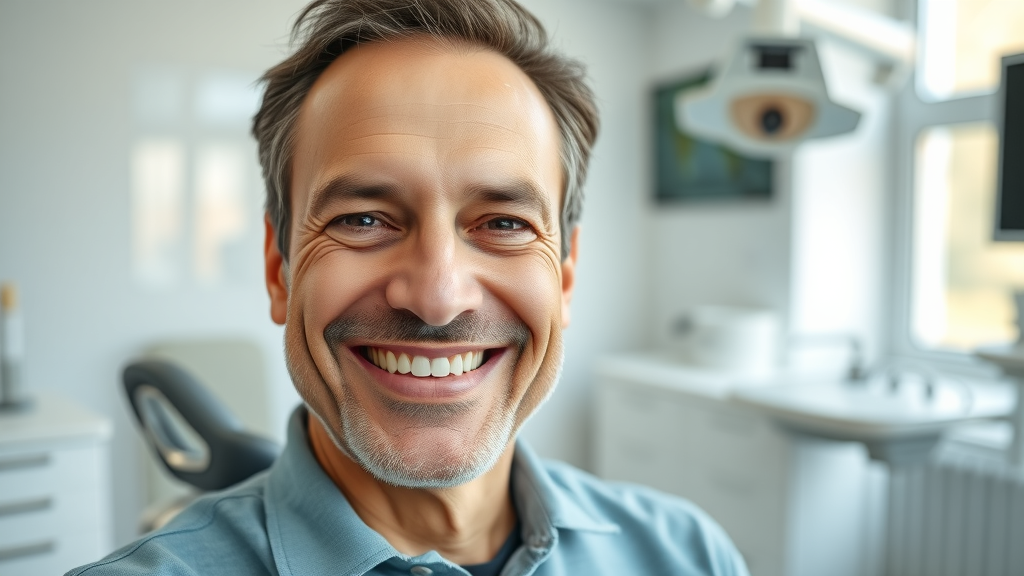 confident mature adult with straight teeth in modern Pawleys Island dental clinic, adult orthodontics