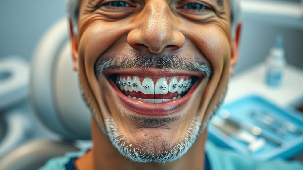 middle-aged adult revealing traditional metal braces in Pawleys Island orthodontic clinic