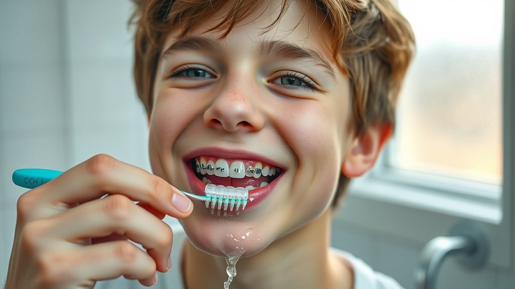 Teen patient practicing good oral hygiene by brushing braces during Grand Strand orthodontic journey