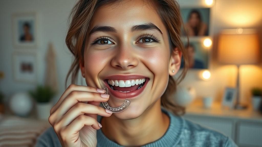 Patient in Grand Strand orthodontic journey fitting a clear retainer as final smile transformation step