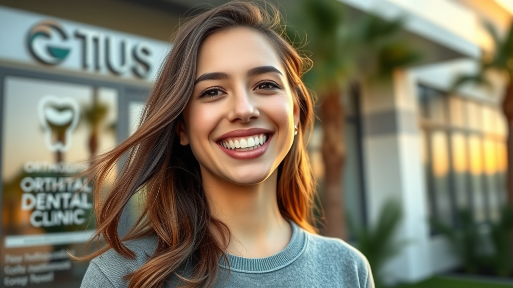 cheerful young woman with perfectly aligned teeth, smiling confidently, standing outside a Murrells Inlet orthodontic clinic, golden hour sunlight, palm trees in background, Murrells Inlet orthodontic retainers: the final step in treatment