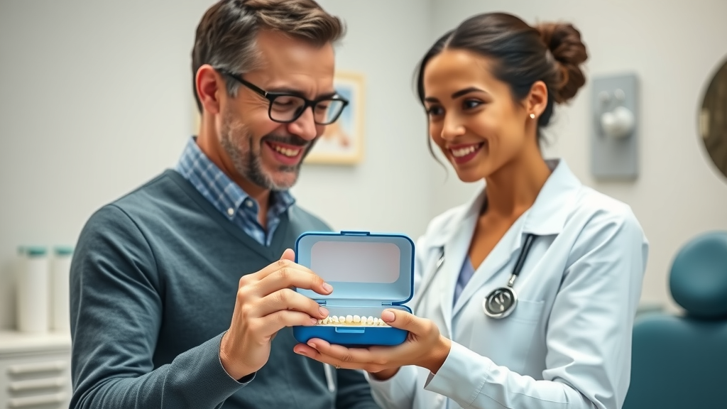 Compassionate orthodontist hands patient a retainer case, both smiling warmly, in Murrells Inlet dental office, murrells inlet orthodontic retainers: the final step in treatment
