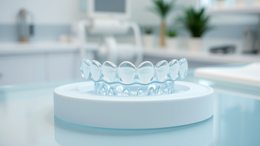 Close-up of transparent clear retainer on white dental tray, Murrells Inlet orthodontic retainers: the final step in treatment, clear retainer, palm-themed decor