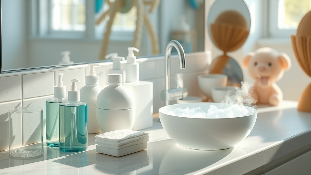 Tidy bathroom countertop with retainer cleaning supplies, soaking container, Murrells Inlet orthodontic retainers: the final step in treatment, proper care