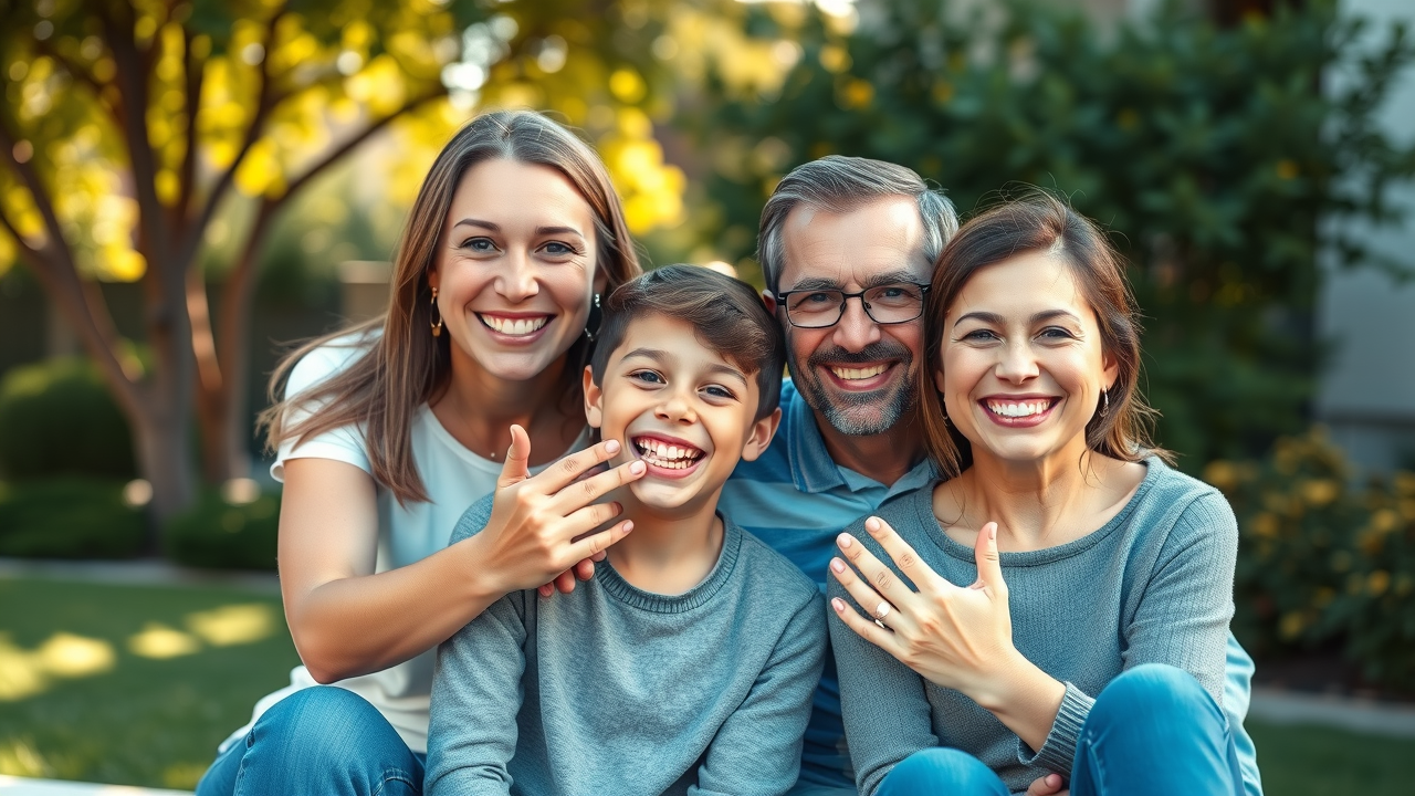 Happy family celebrating outside Murrells Inlet orthodontic clinic, teen smiling with beautiful teeth, orthodontic retainers: the final step in treatment