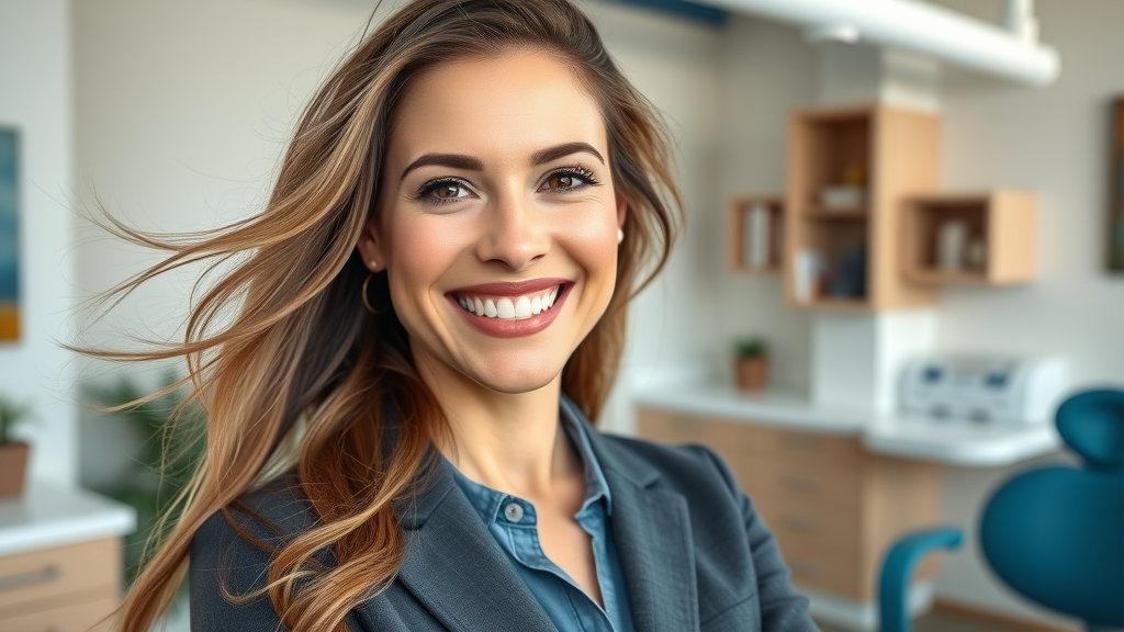 Confident adult woman with perfectly aligned teeth smiling, professional attire, looking at camera, Photorealistic High Fidelity Lifelike, modern Myrtle Beach dental office interior with coastal elements, highly detailed, subtle wind moving hair, sharp focus, natural color tone, bright natural lighting, shot with an 85mm prime lens.