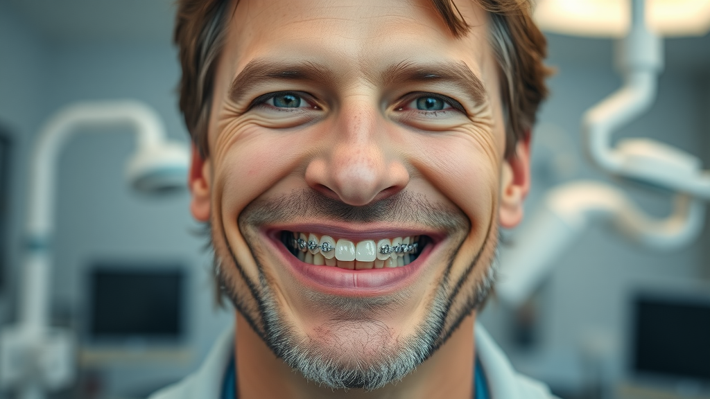 Close-up of an adult male patient in his 40s with traditional metal braces, smiling confidently, Photorealistic High Fidelity Lifelike, modern clinical background with dental equipment, highly detailed, subtle reflection on braces, cool color palette, diffuse overhead lighting, shot with an 85mm macro lens.