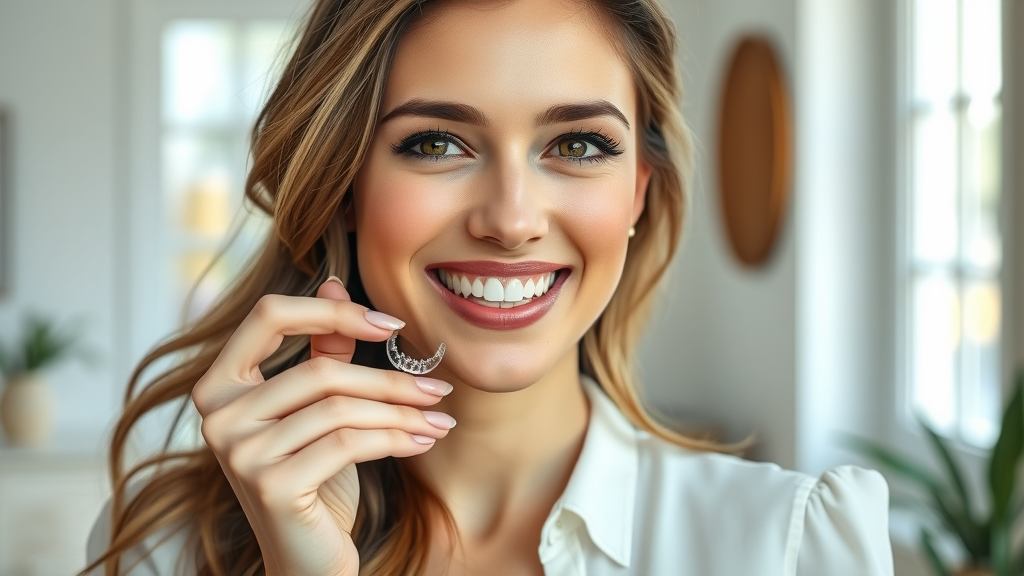 Elegant adult woman in her 30s holding an Invisalign clear aligner close to her smile, serene and positive expression, gently demonstrating use, Photorealistic High Fidelity Lifelike, bright coastal home environment, highly detailed, minor movement in hair and blouse, soft pastel colors, natural window light, shot with a 50mm lens.