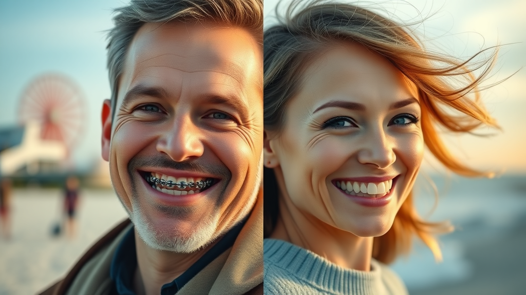Split-screen comparison: adult patient with metal braces on one side, same patient with clear aligners on the other, both expressions are confident and happy, action of smiling, Photorealistic High Fidelity Lifelike, Myrtle Beach landmark in blurred background outdoors, highly detailed, dynamic hair movement, cool-warm split lighting, shot with a 35mm lens.