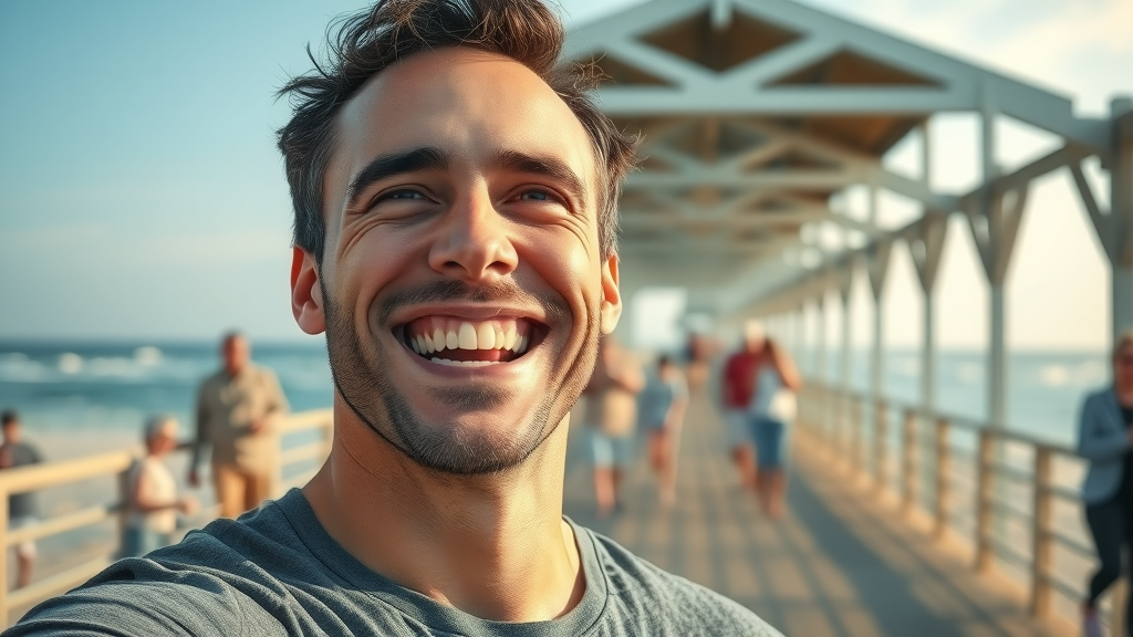 Radiant adult at Myrtle Beach pier after successful adult orthodontic treatment, championing smile transformations and the strand smile in the Grand Strand