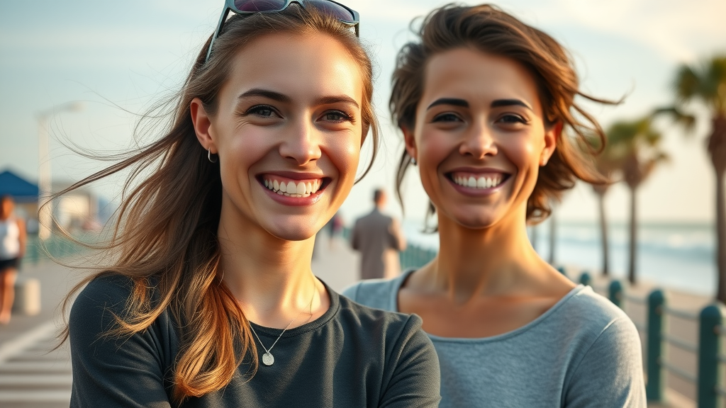 Confident adults with adult braces in Myrtle Beach, smiling at the boardwalk with ocean and palm trees