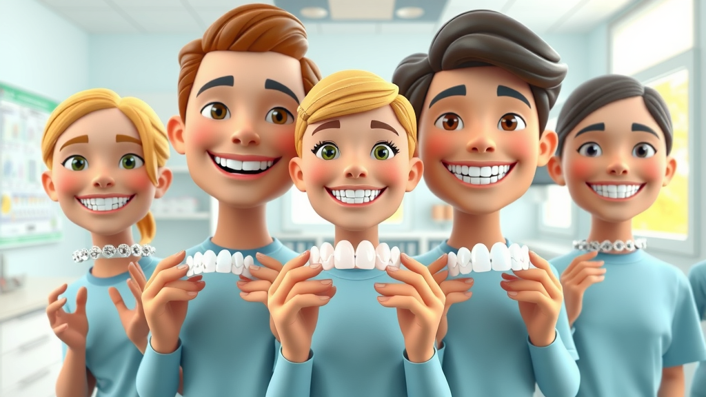 Various types of adult braces in Myrtle Beach: clear aligners, ceramic braces, metal braces showcased in a dental clinic
