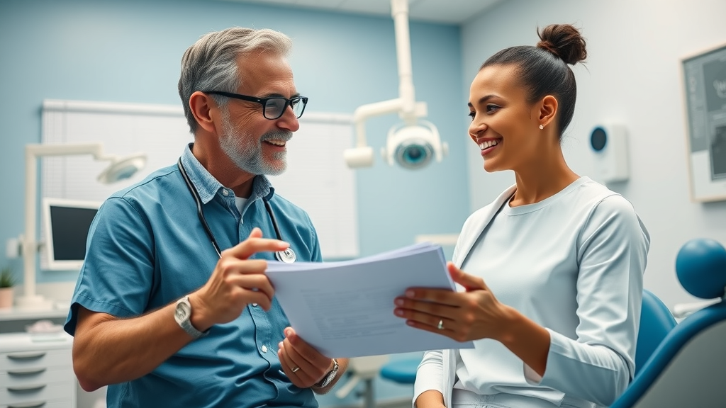 Adult patient consulting with orthodontist for adult braces in Myrtle Beach in a modern clinic