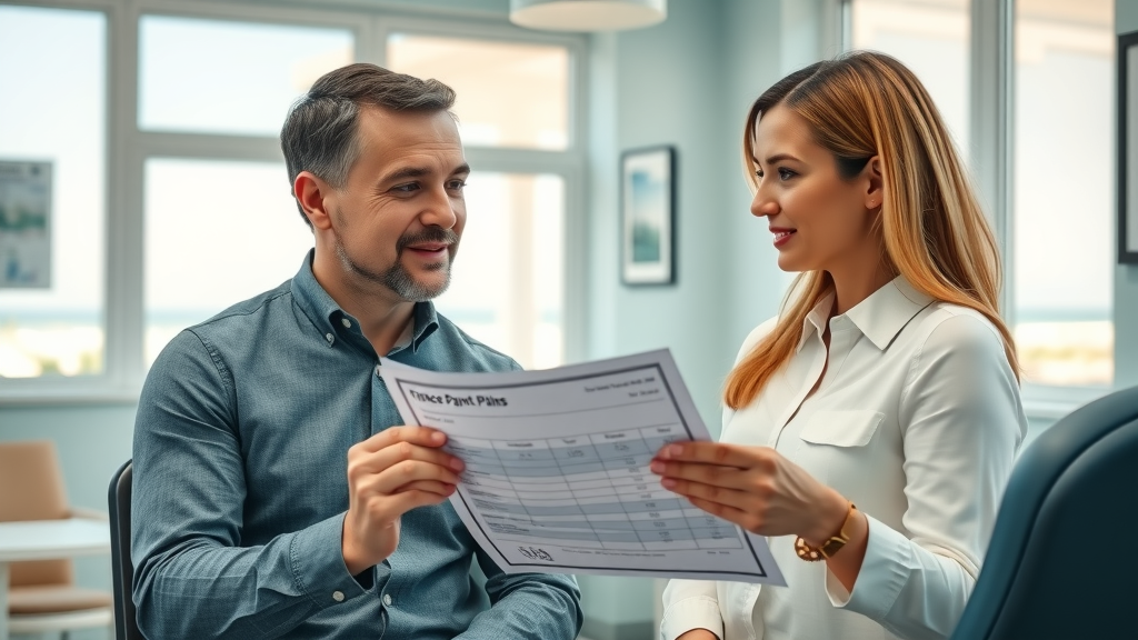 Patient and finance coordinator discussing adult braces costs and payment plans in Myrtle Beach with cost comparison chart