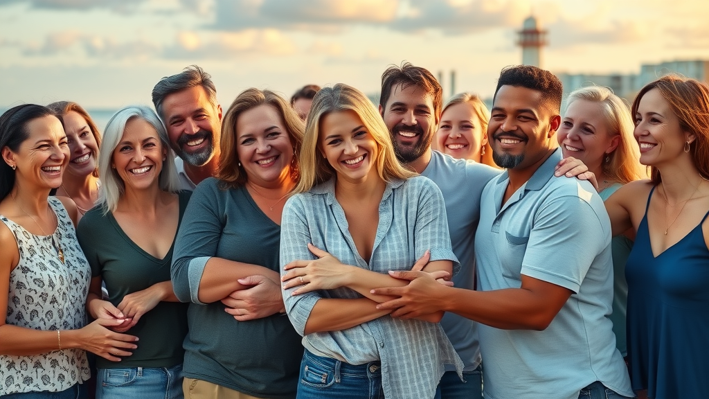 Diverse group of adult orthodontic patients in Myrtle Beach celebrating successful results at iconic beach landmarks