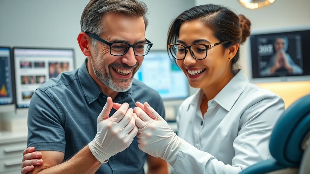 Professional orthodontist assessing adult patient for braces candidacy in a modern Myrtle Beach dental clinic