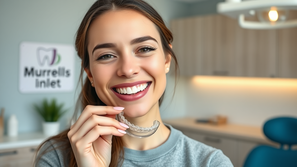Cheerful adult woman with a radiant smile holding a clear retainer at a Murrells Inlet dental clinic.