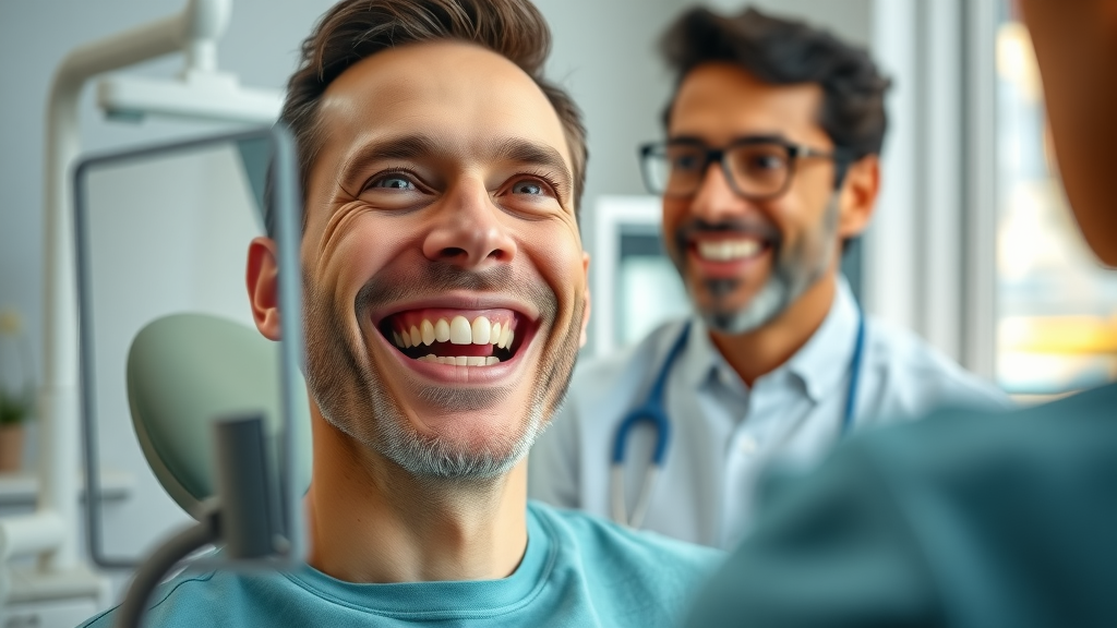 Joyful adult patient examining her smile in a dental office mirror with a Murrells Inlet cosmetic dentist.