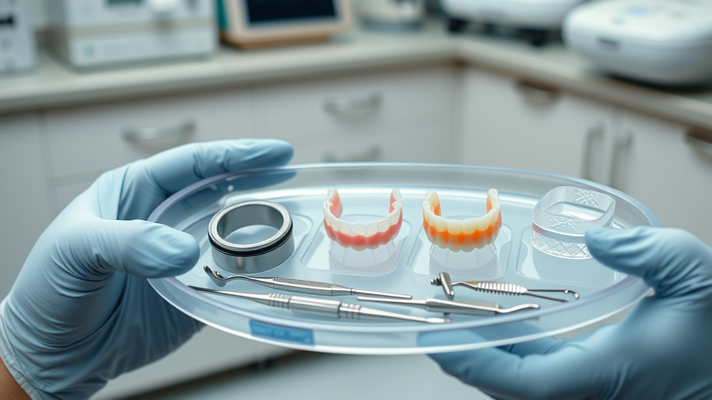 Sterilized tray displaying modern dental tools and different types of retainers in a Murrells Inlet dental clinic.