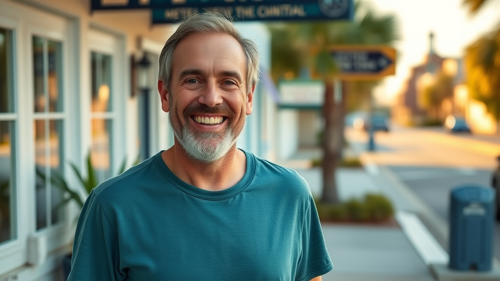 Confident Murrells Inlet dental patient with a brilliant smile leaving the dental clinic at golden hour.