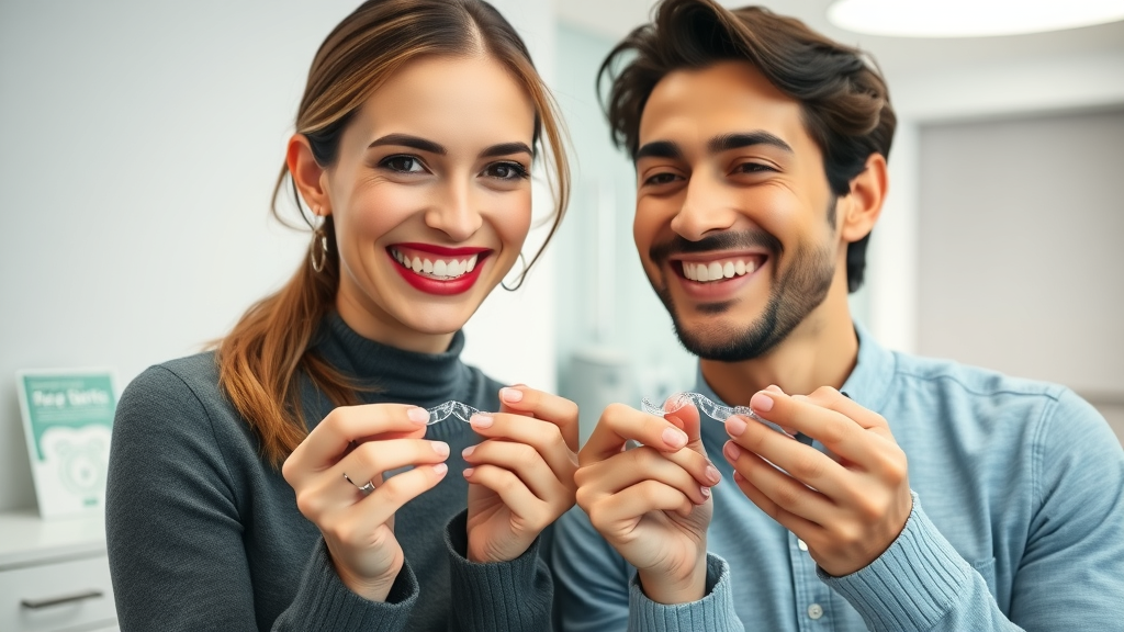 Confident adult woman and man smiling while showing discrete clear aligners in a bright dental clinic.