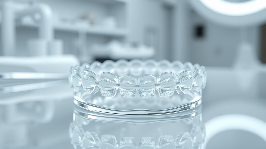Sleek clear aligners on a reflective surface, emphasizing the comfort, clarity, and effectiveness for adult orthodontic treatment.